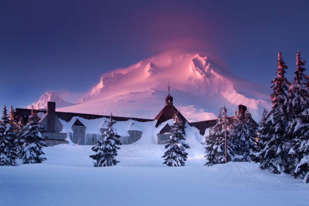 Snow-buried Timberline Lodge sits on Mt. Hood
