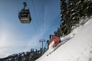 Bluebird day skiing at Whistler Blackcomb beneath the gondola