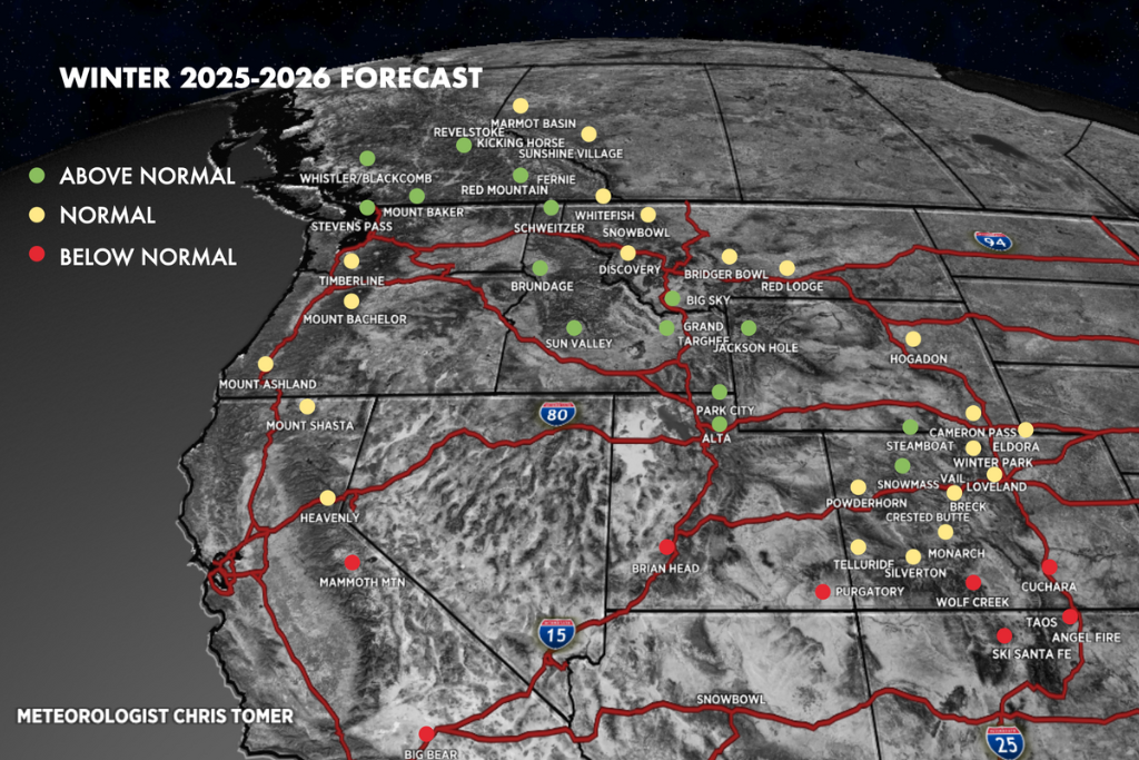 Graphic of Chris Tomer snow forecast of the West for 2025-26