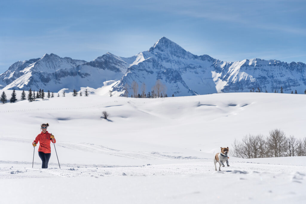 Woman cross-country skiing with their dog on a sunny day with mountains behind them