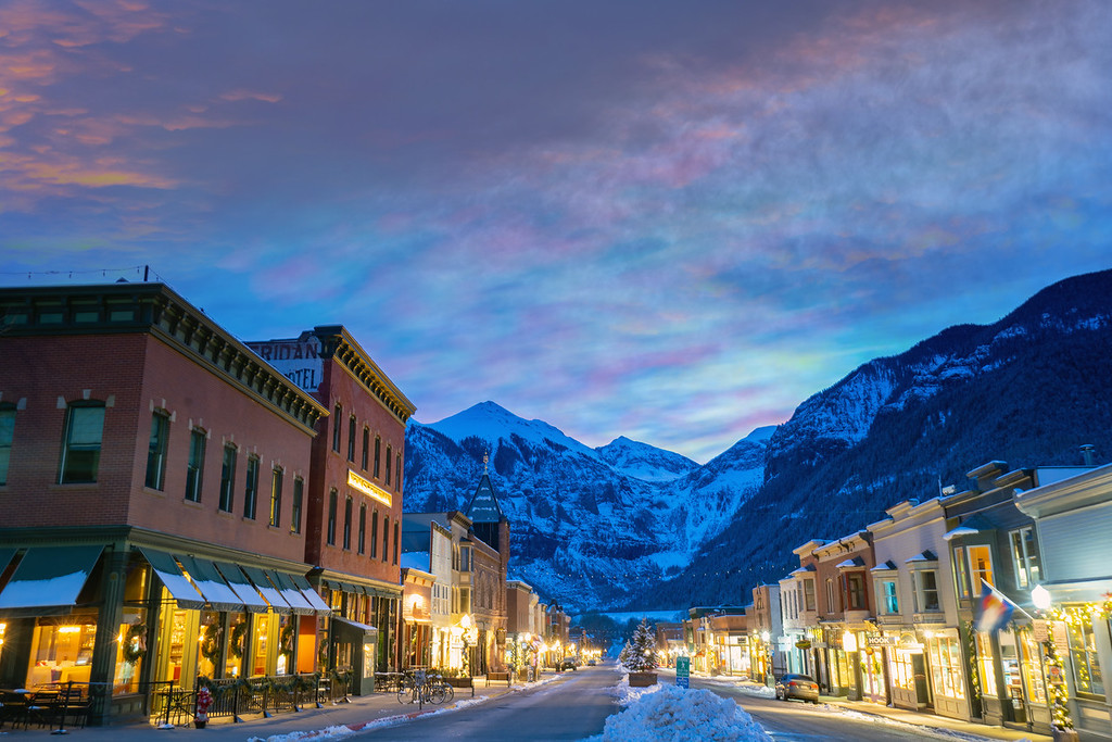 Town of Telluride on a winter night with empty streets