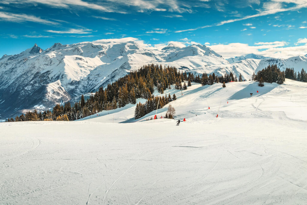 Skiing Alpe d’ Huez in Europe on a bluebird day