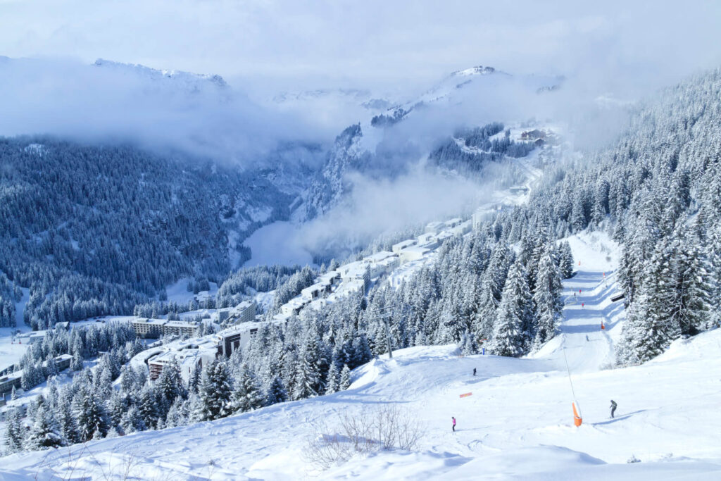 Looking down ski runs of Flaine ski area in France