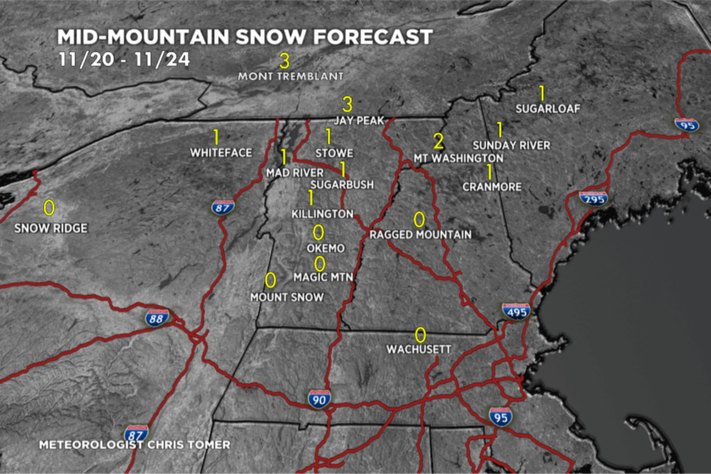 Graphic of snow forecast for ski destinations out East 11/20/2025