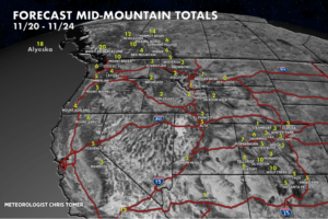 Graphic of snow forecast for ski destinations out West 11/20/2025