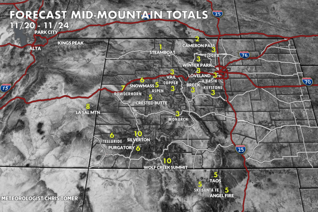 Graphic of snow forecast for ski destinations in Colorado 11/16/2025