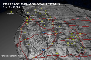 Graphic of snow forecast for ski destinations out West 11/16/2025