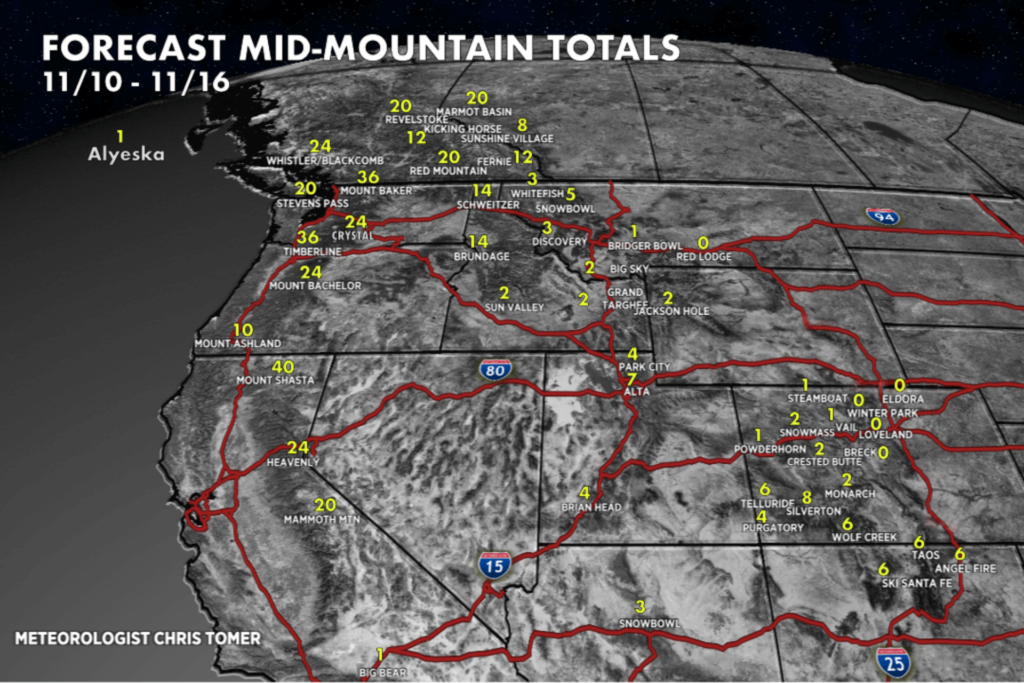 Graphic of snow forecast for ski destinations out West 11/9/2025