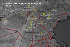 Graphic of snow forecast for ski destinations out East 11/9/2025
