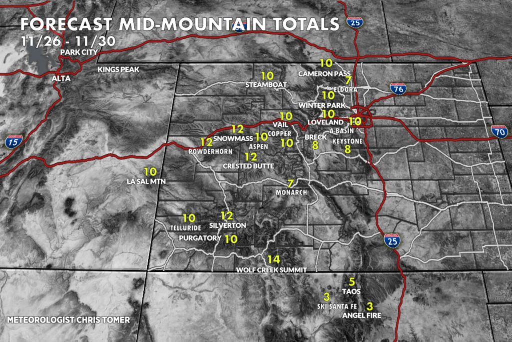 Graphic of snow forecast for ski destinations in Colorado 11/25/2025