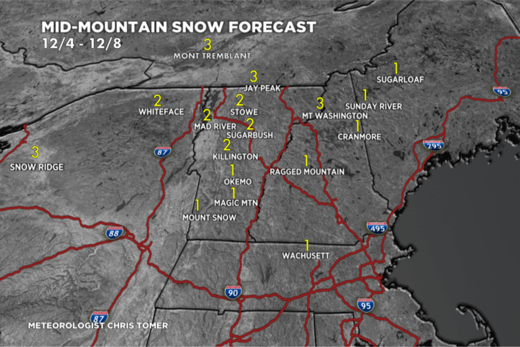 Graphic of snow forecast for ski destinations out East 12/3/2025