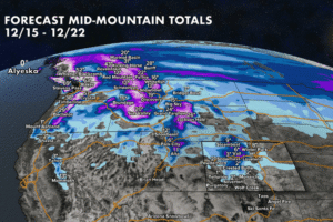 Graphic of snow forecast for ski destinations out West Coast 12/14/2025