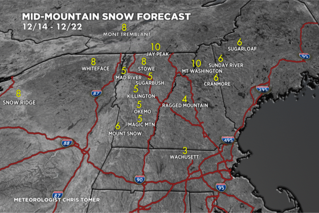 Graphic of snow forecast for ski destinations out East Coast 12/14/2025