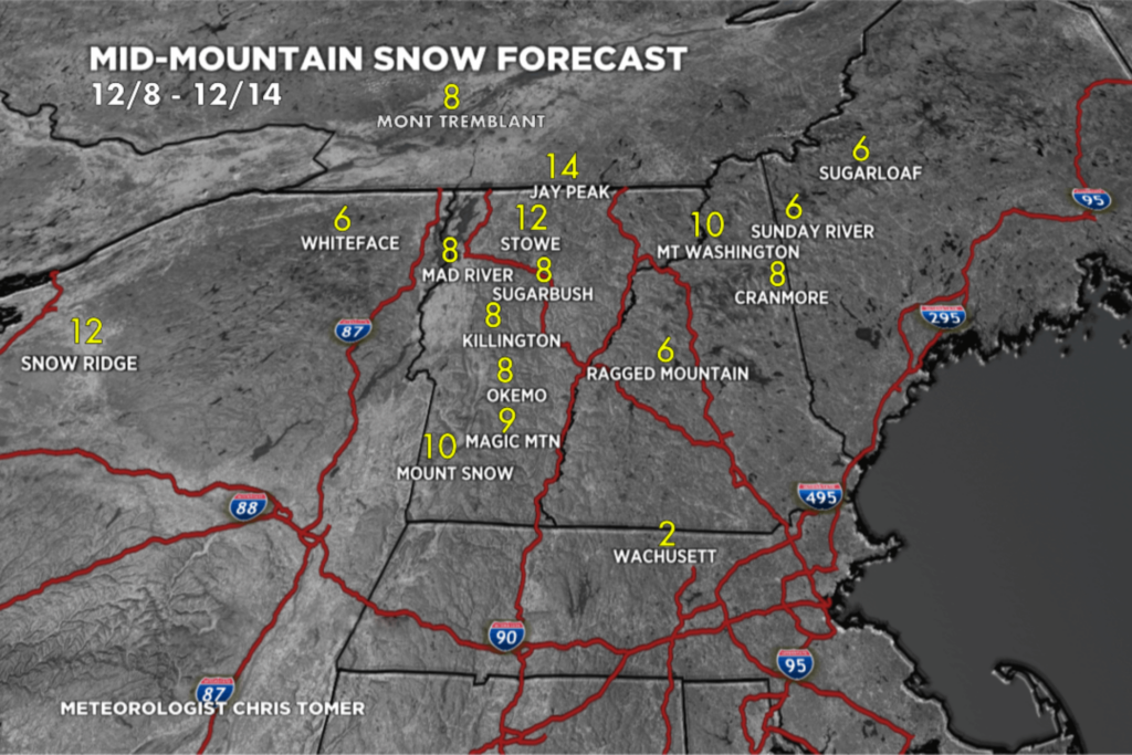Graphic of snow forecast for ski destinations out East Coast 12/7/2025