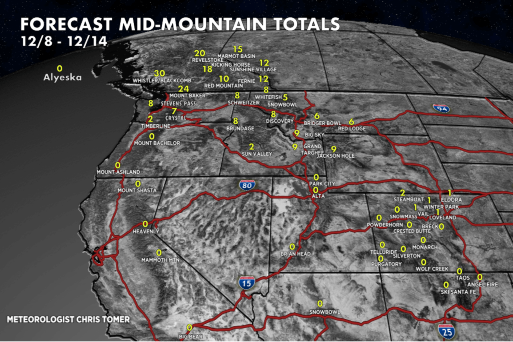 Graphic of snow forecast for ski destinations out West 12/7/2025