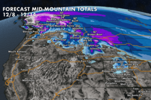 Graphic of snow forecast for ski destinations out West 12/7/2025