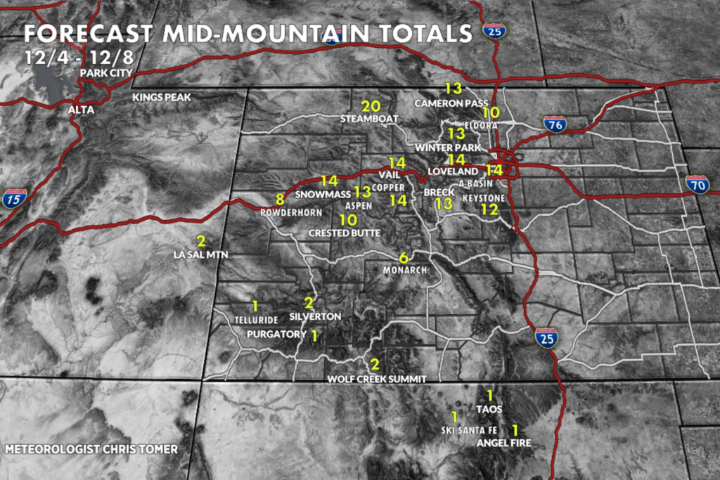 Graphic of snow forecast for ski destinations in Utah 12/3/2025