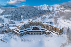 Aerial view of Montage Deer Valley surrounded by snow